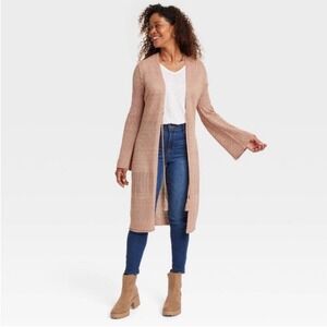 Knox Rose Tan Pointelle‎ Duster Cardigan Tassle Front Tie Closure Bell Sleeve M